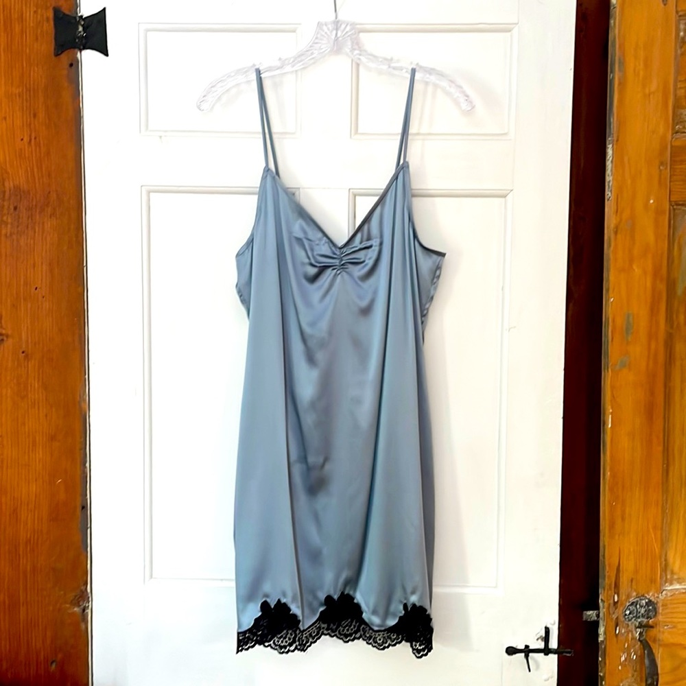 Fleur du Mal James Rouched V Neck Steel Blue Silk Slip NWT
